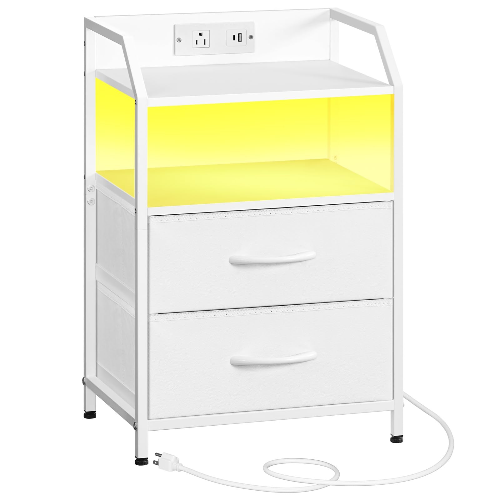 Nightstand with Charging Station, Bedside Table with Adjustable Fabric Drawer...