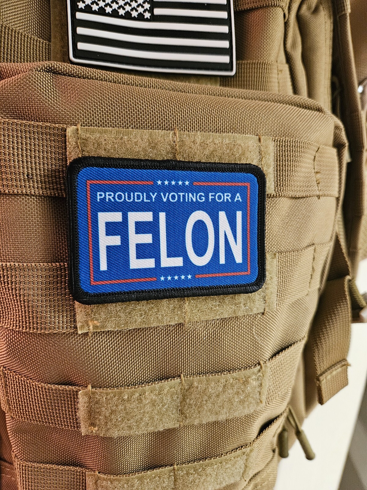 Proudly voting for a felon 2"x3" hook & loop backing patch funny meme