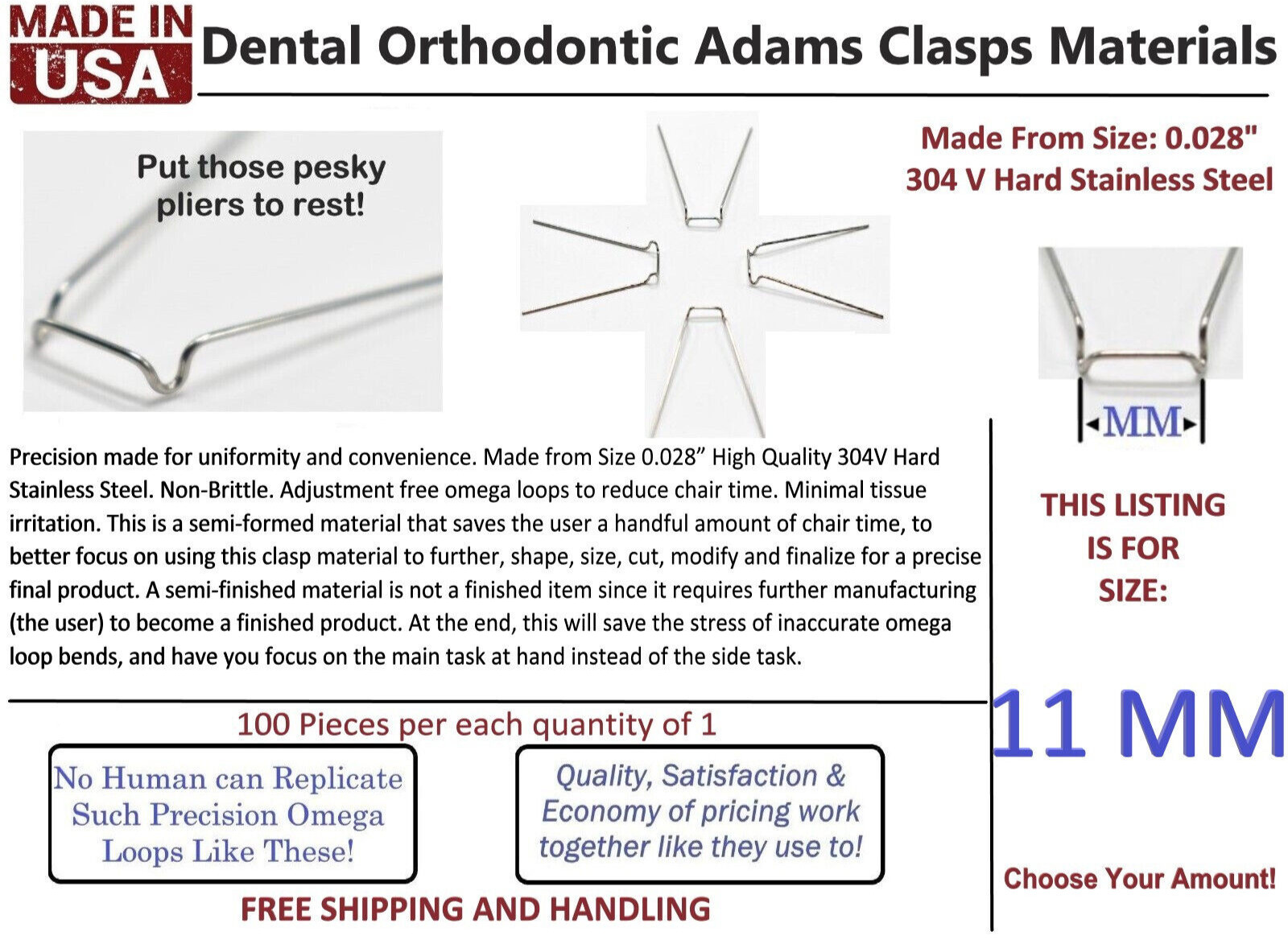 100 Dental Orthodontic 11mm Adams Clasps Stainless Steel Preformed Wire Retainer