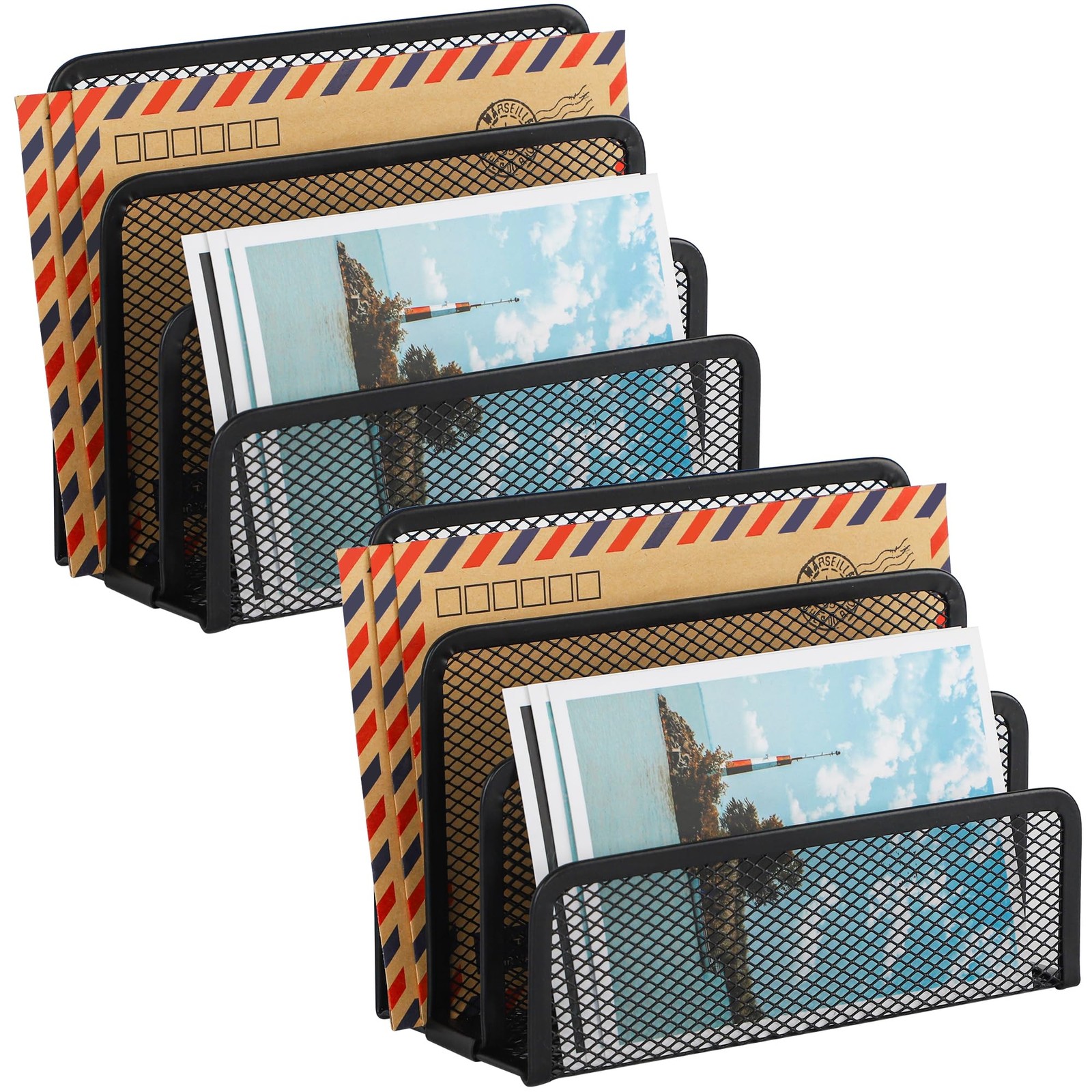 2 PCS Metal Mesh Desk Mail Organizer Letter Sorter 3 Compartment File Black