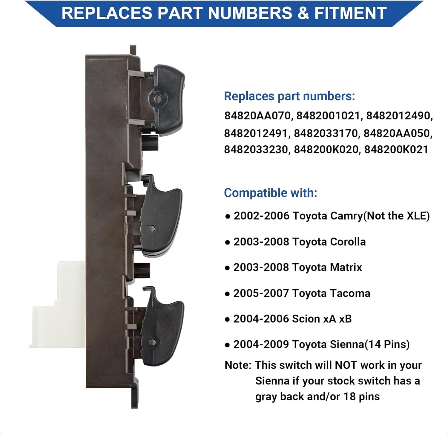 Door Master Window Switch Power Control Button Compatible with 2002-2006 Toyota