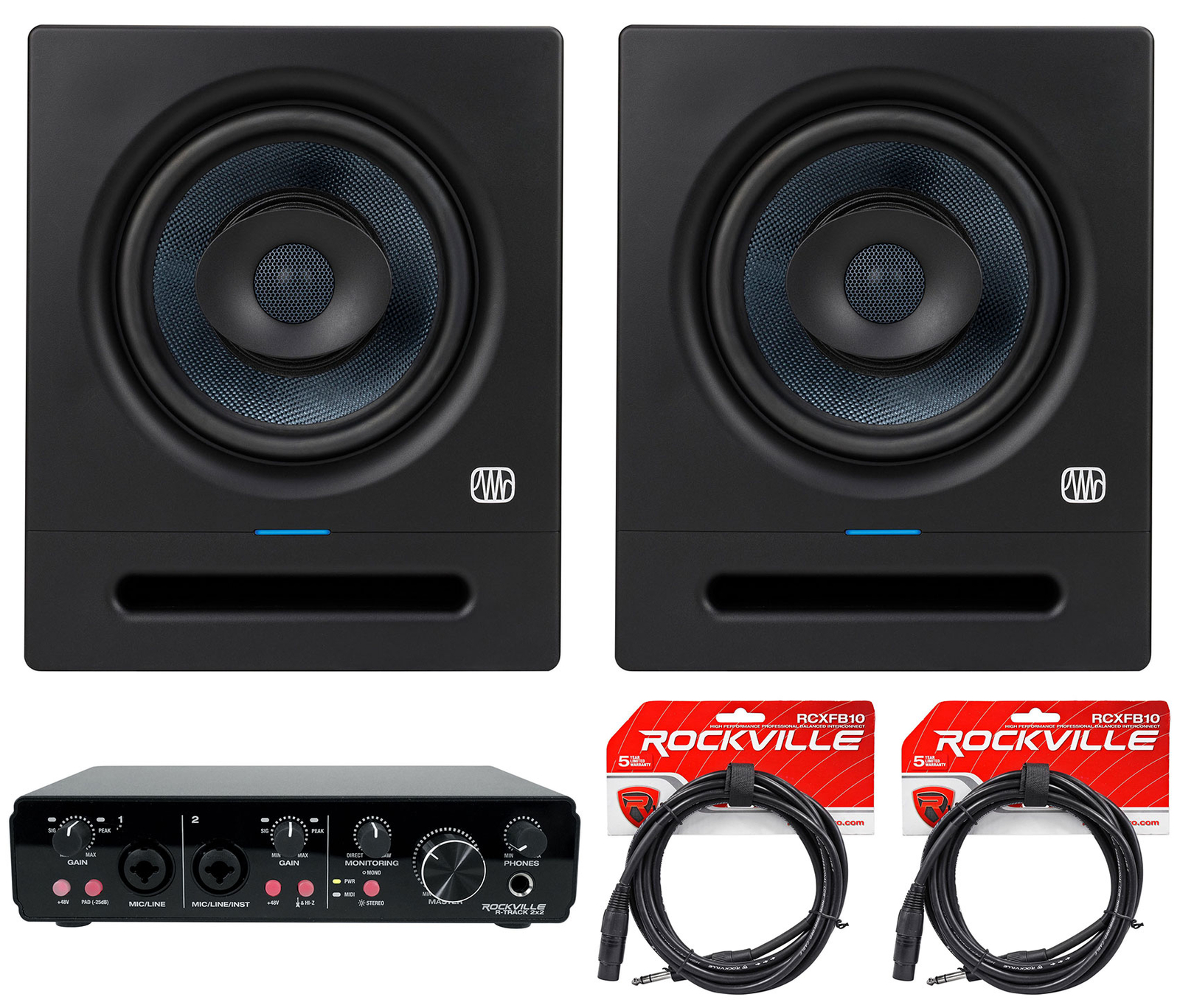 (2) Presonus Eris Pro 8 Powered 8" Studio Monitors Speakers + 2x2 USB Interface