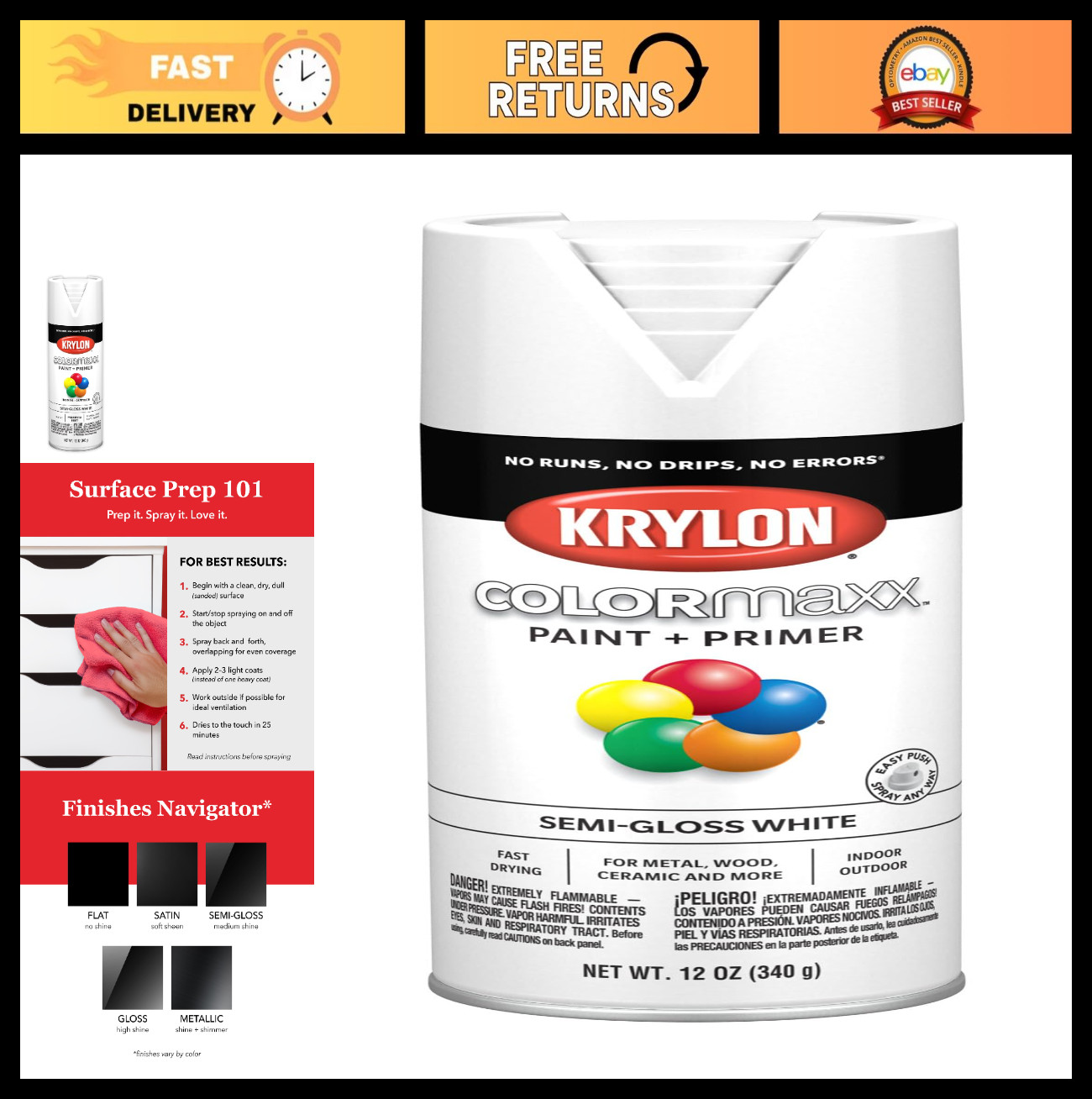 Spray Paint and Primer for Indoor/Outdoor Use, Semi-Gloss White, 12oz - Versatil
