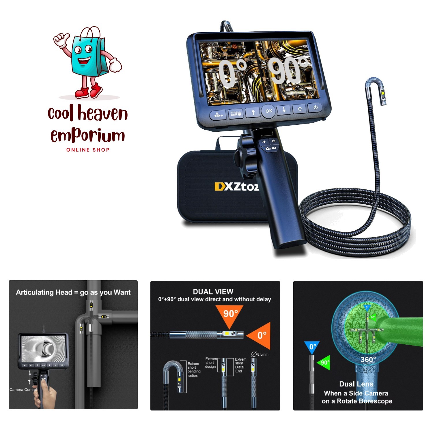 Dual-Lens Articulating Borescope, Engine Endoscope with 0.33in Two-Way Articu...