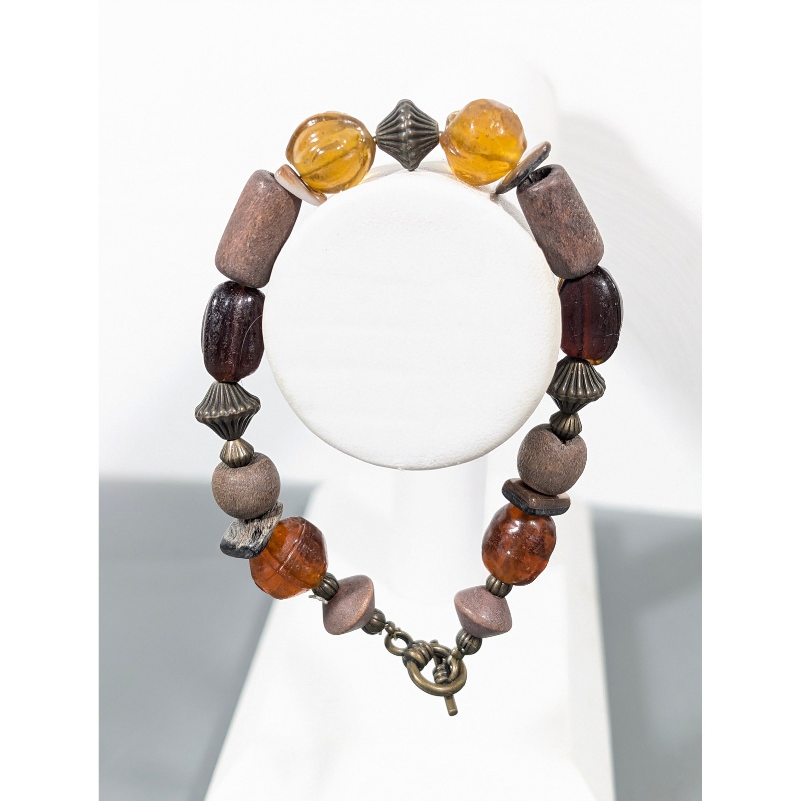 Artisan Wood & Amber Glass Bead Bracelet 8.5" Handmade Boho