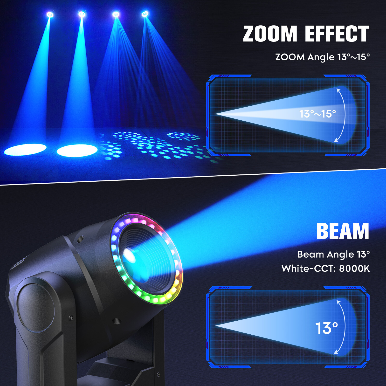 Moving Head Beam Light DMX Zoom Spotlight Disco DJ Party Show Autofocus function