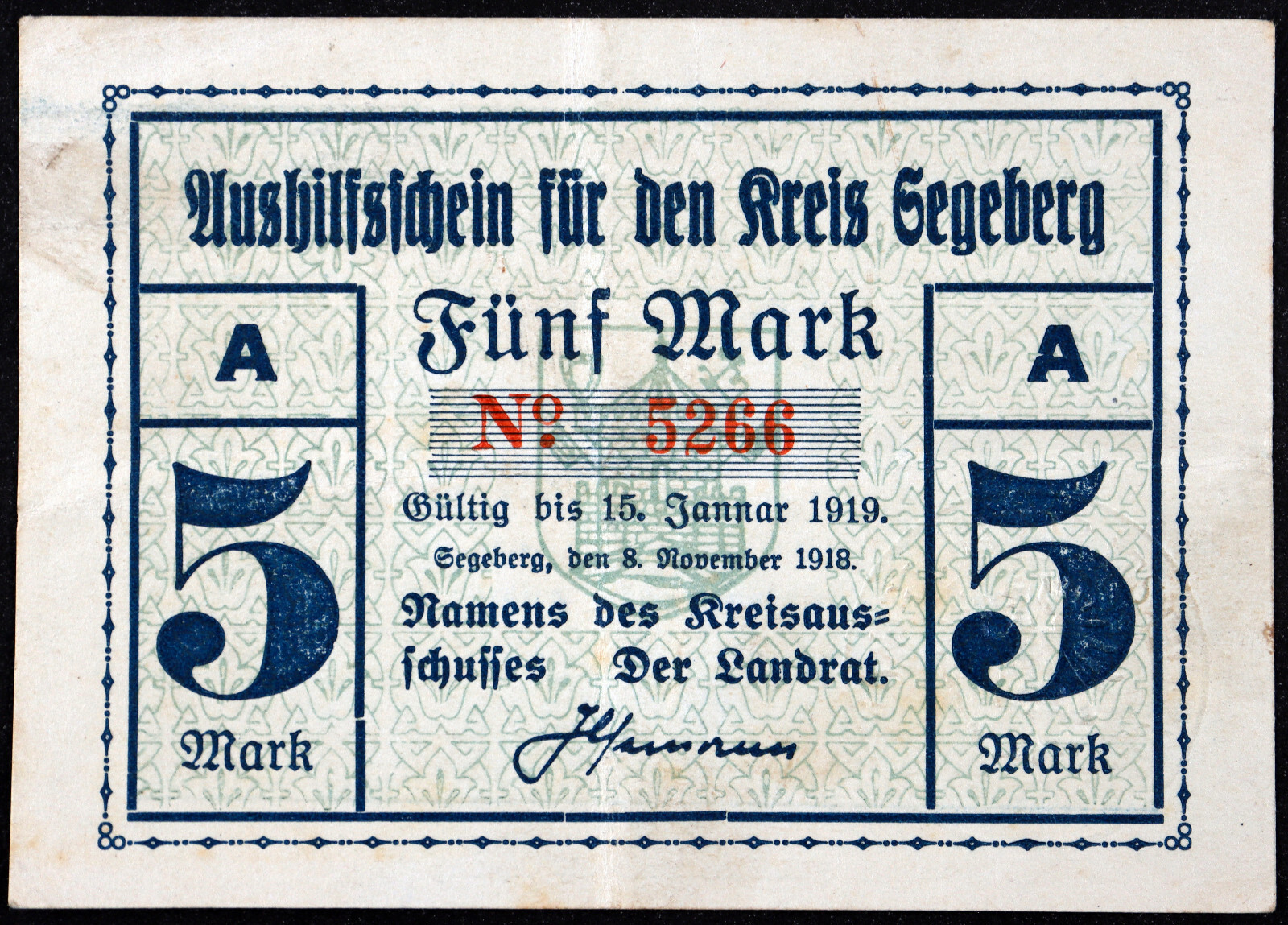 SEGEBERG 1918 5 Mark Grossnotgeld German Notgeld Banknote Schleswig-Holstein