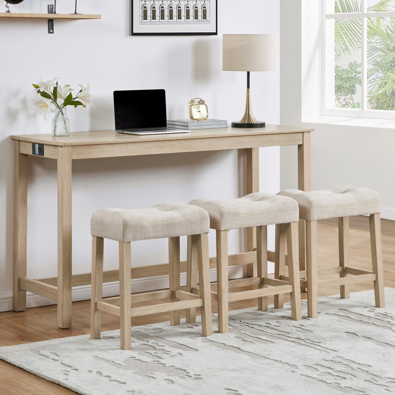 4 Piece Bar Table Set with Power Outlet,Bar Table Set with Chairs,Sofa Bar Table