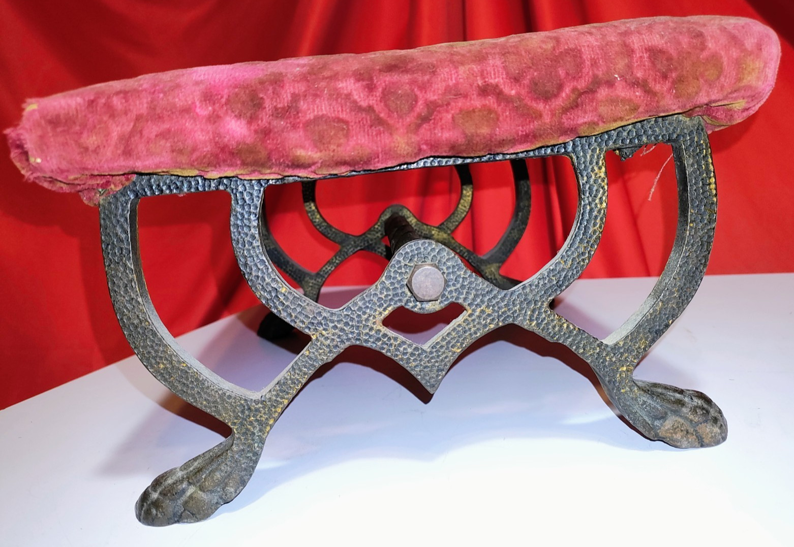 Antique Footstool Ottoman Ornate Cast Iron Base Victorian Deco Nice .