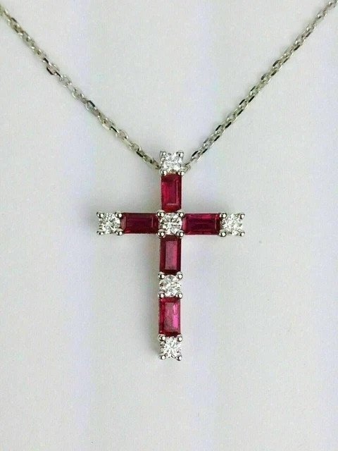 2.00 Ct Buguette Cut Lab Created Ruby Cross Charm Pendant 14k White Gold Plated