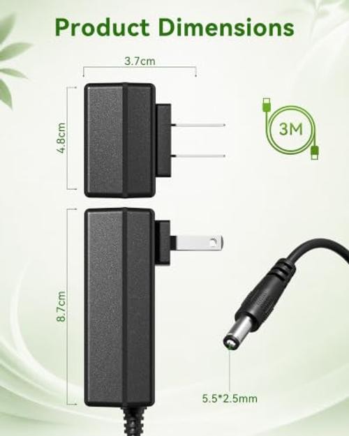 Power Cord, 12V 3A Replacement Adapter, 3 Meters Durable Charging Cable, Black