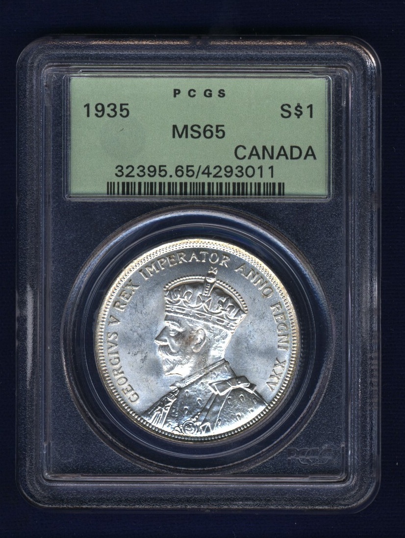 CANADA GEORGE V  1935 1 DOLLAR SILVER COIN GEM UNCIRCULATED, CERTIFIED PCGS MS65