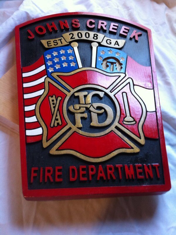Fire Department Johns Creek 3D routed wood patch plaque sign Custom Carved
