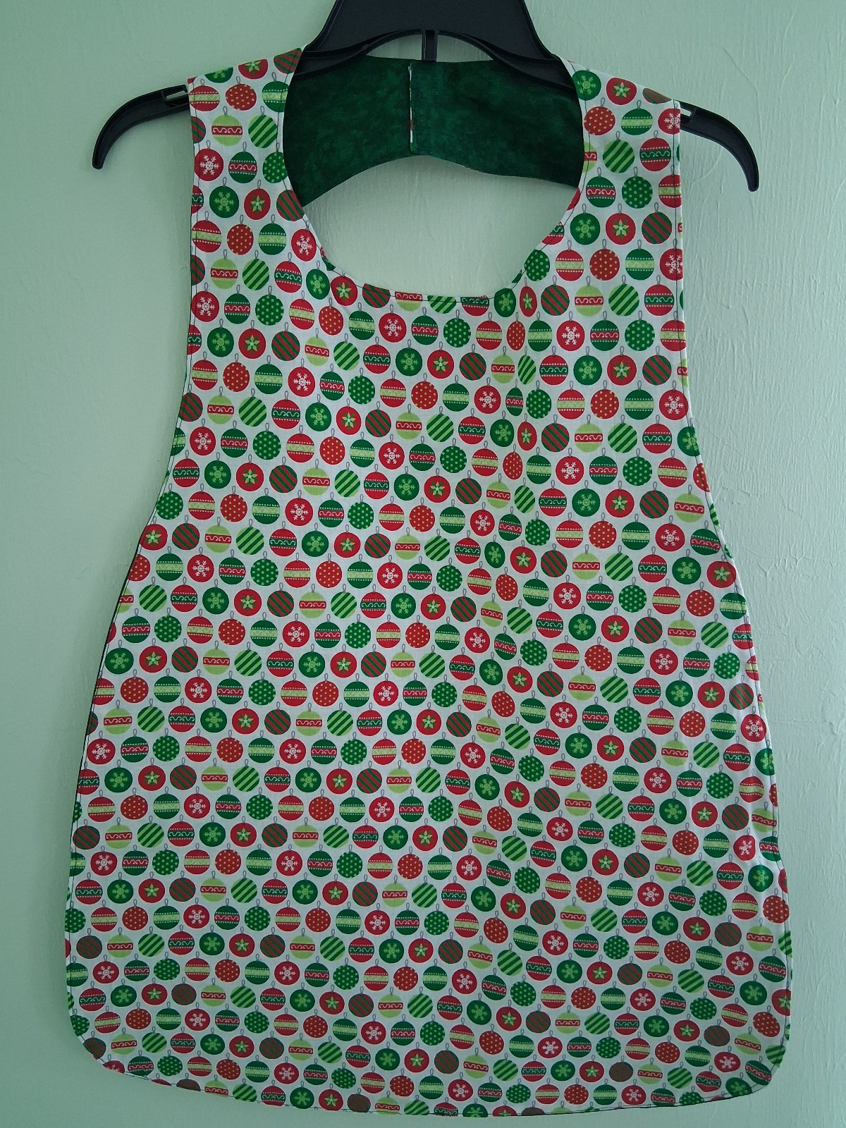 Ornaments and dark green Adult Bib, Handmade , 35 1/2” by 21 ½”, reversible