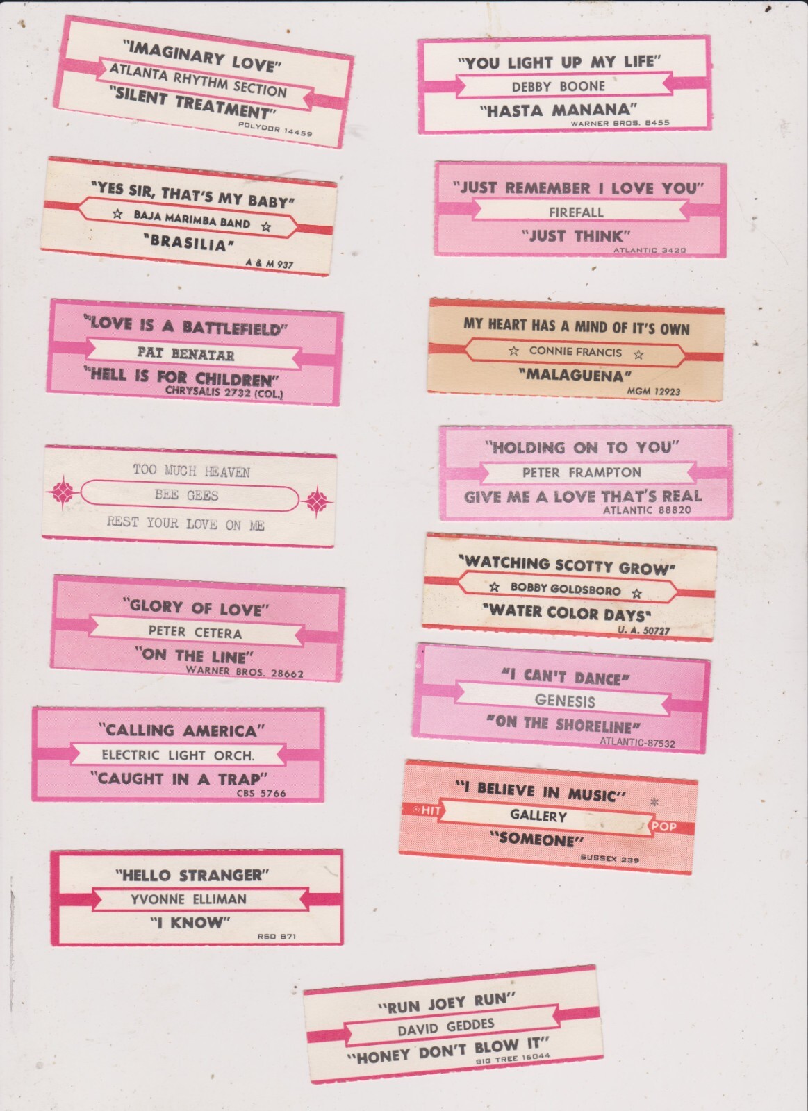 15 ROCK JUKEBOX TITLE STRIPS LOT 6.FREE SHIPPING IN U S