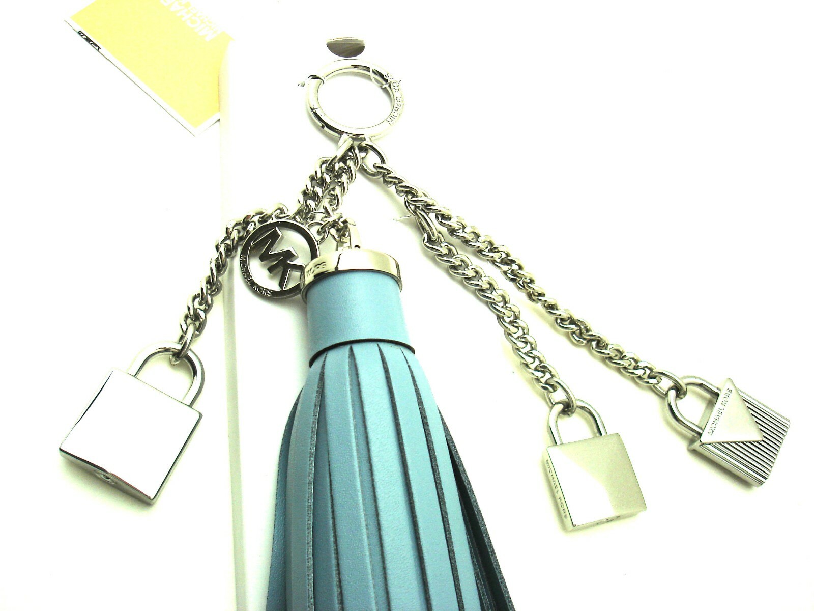 NWT Michael Kors Key Leather Tassel Charm Mercer Locks Pale Blue Silver Tone