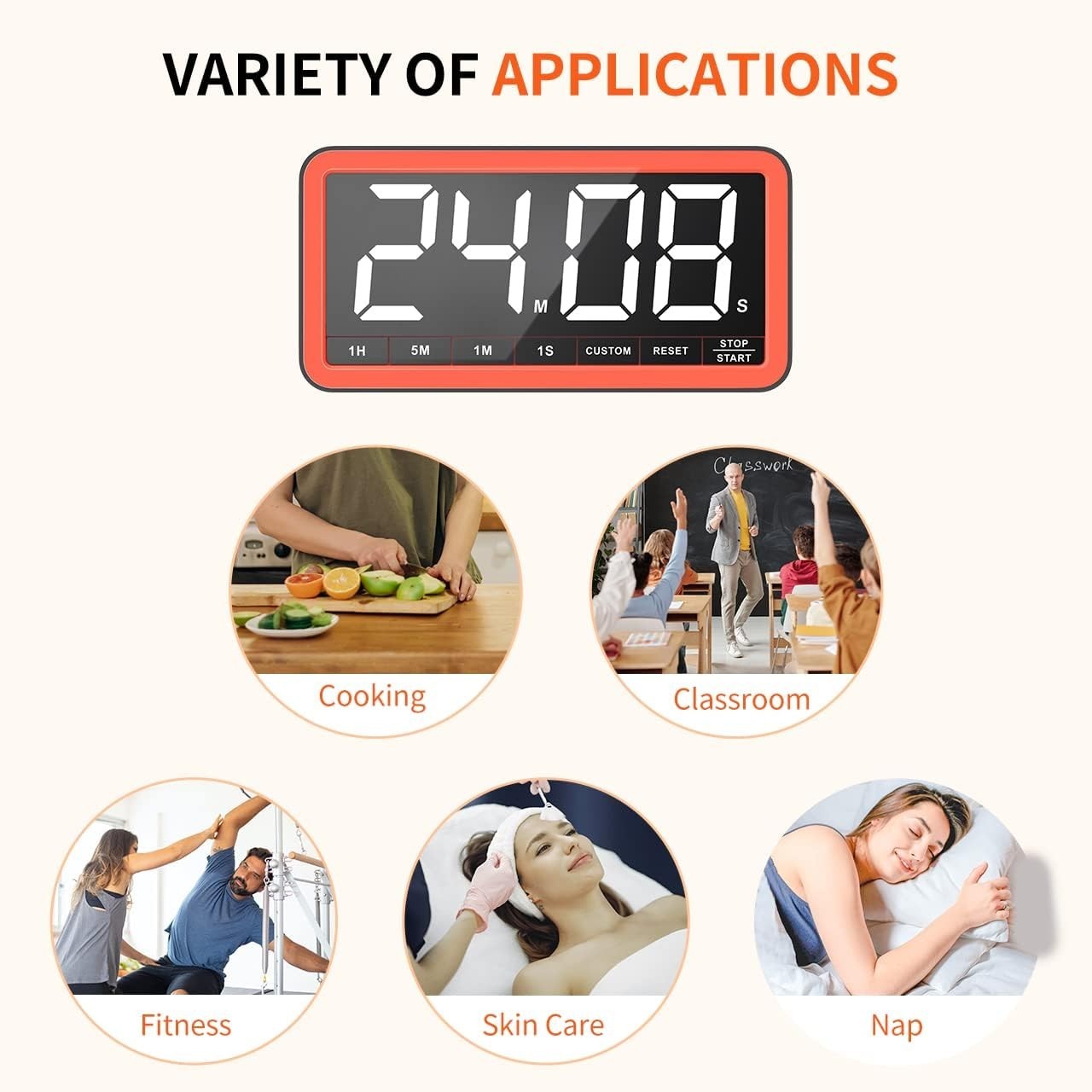 Extra Large 7.8” Digital Kitchen Timer with USB-C, 4 Alarms & 3 Brightness Modes