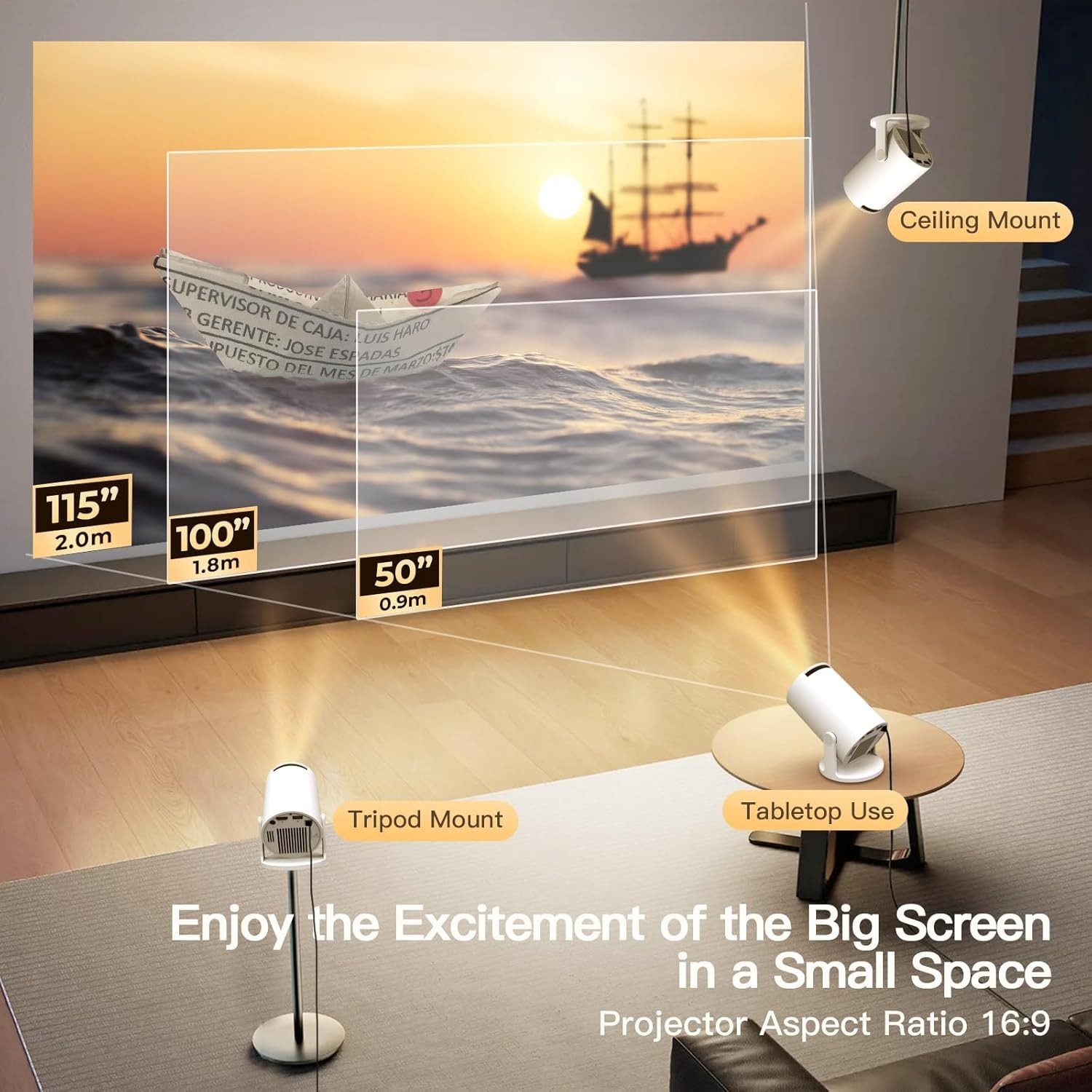 Mini Projector WiFi 6 Bluetooth 5.4 Android 14 1080P 4K Support Portable
