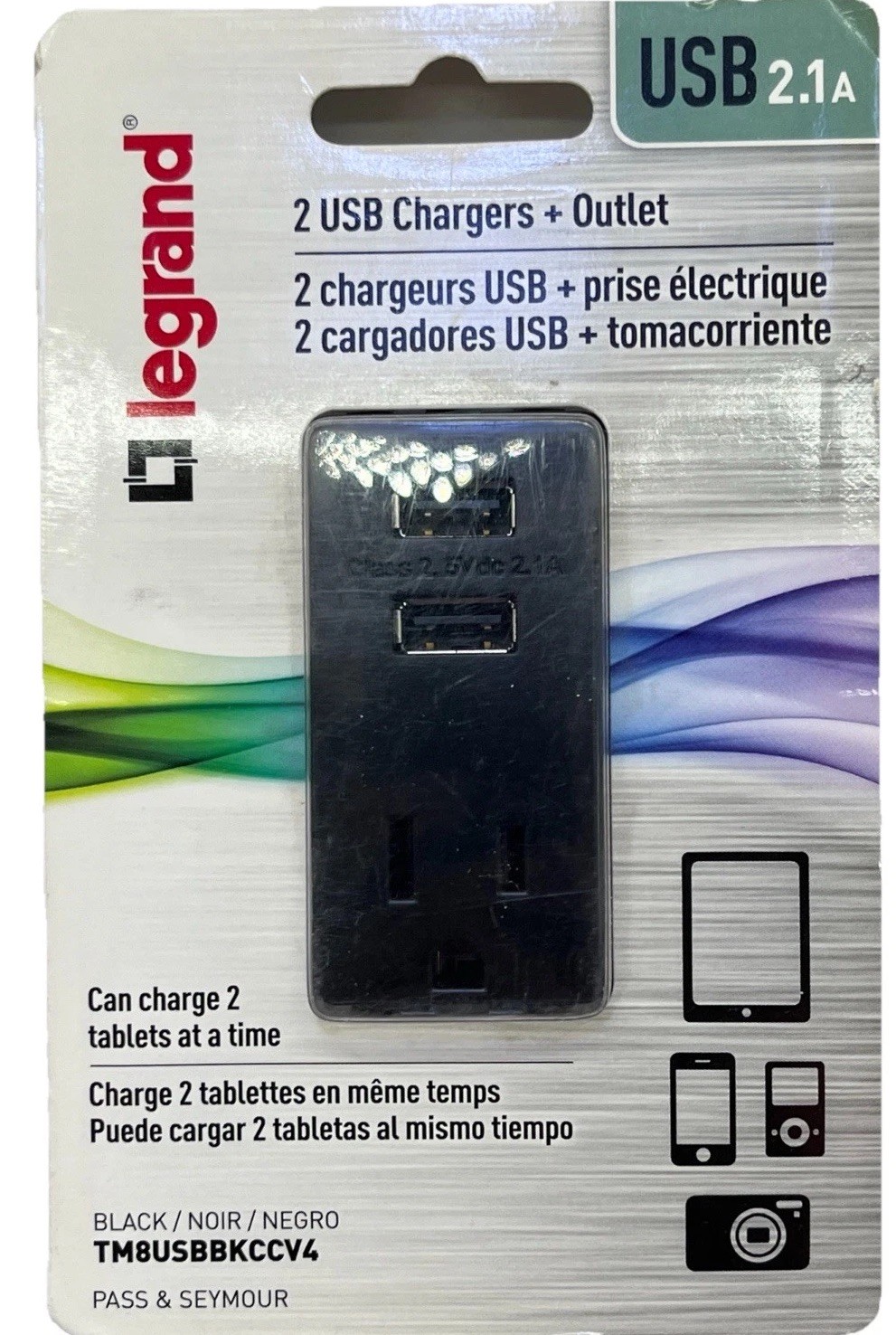 LeGrand 2 USB 2.1A Chargers + 1 Outlet, Black, 125V. {106}.