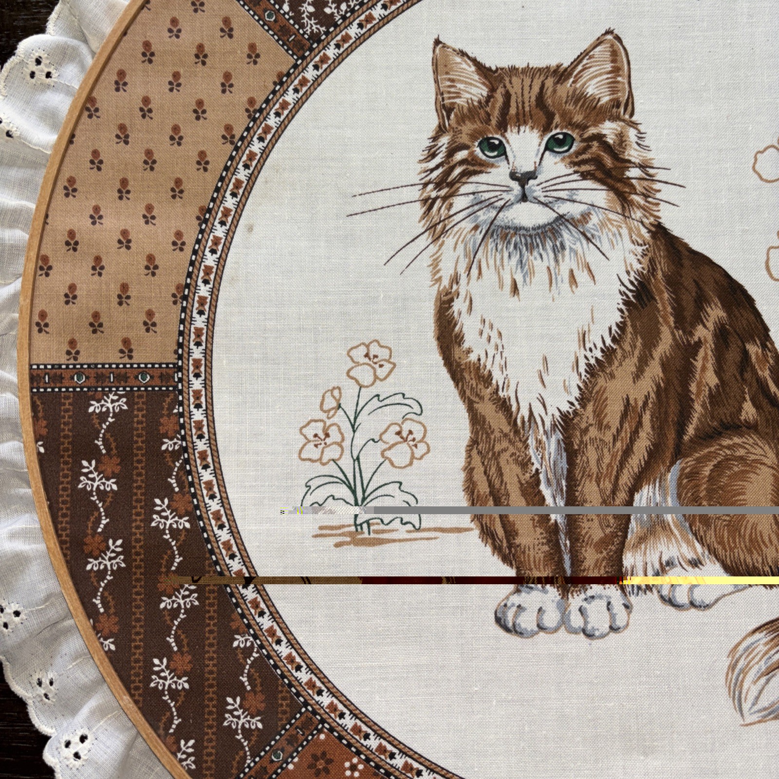 Vintage Large Embroidery Hoop Cranston Cat Print With Lace Trim. . 14.5 inches.