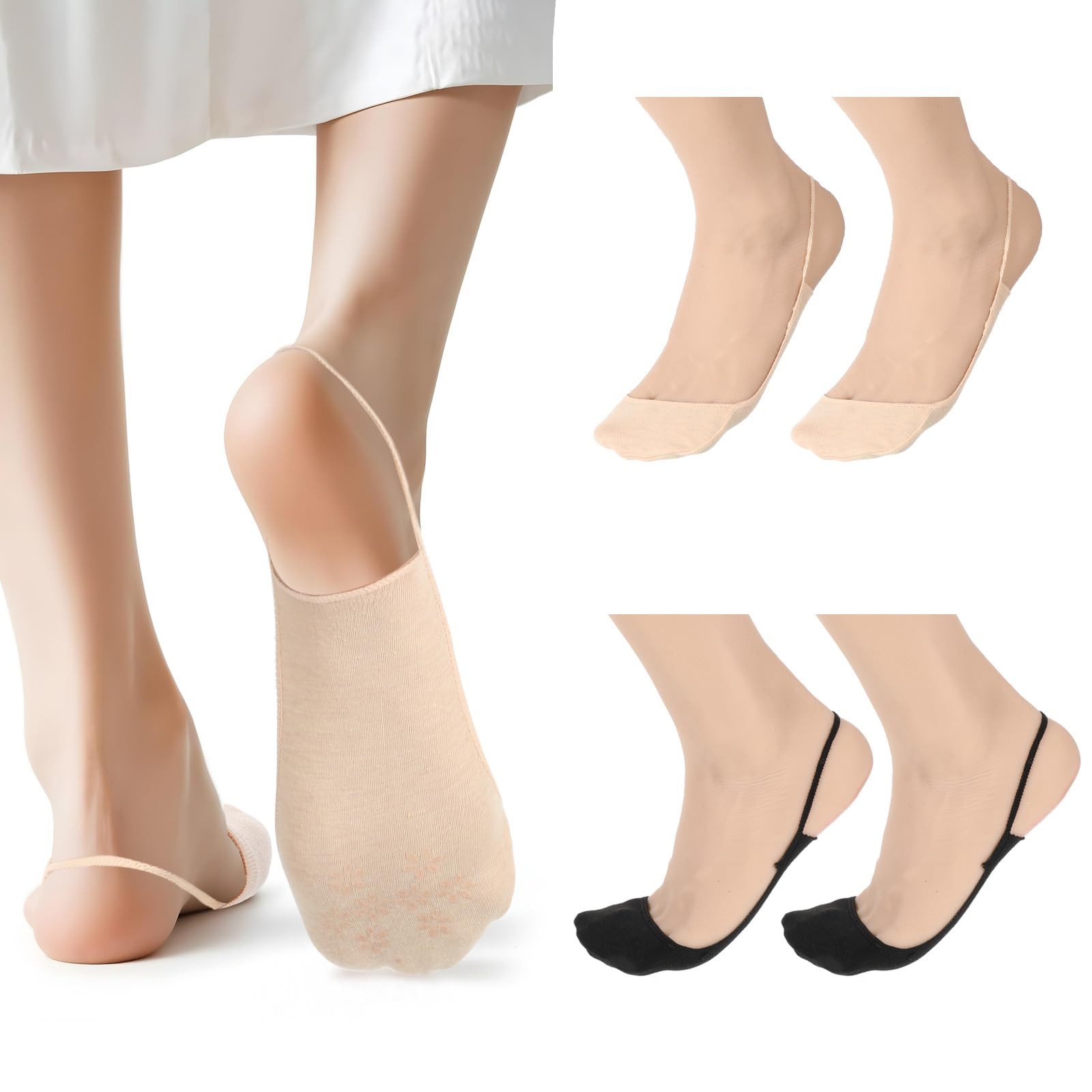 QFGasre 4Pairs Women Ball of Foot Cushion Socks Medium, Skin Color + Black