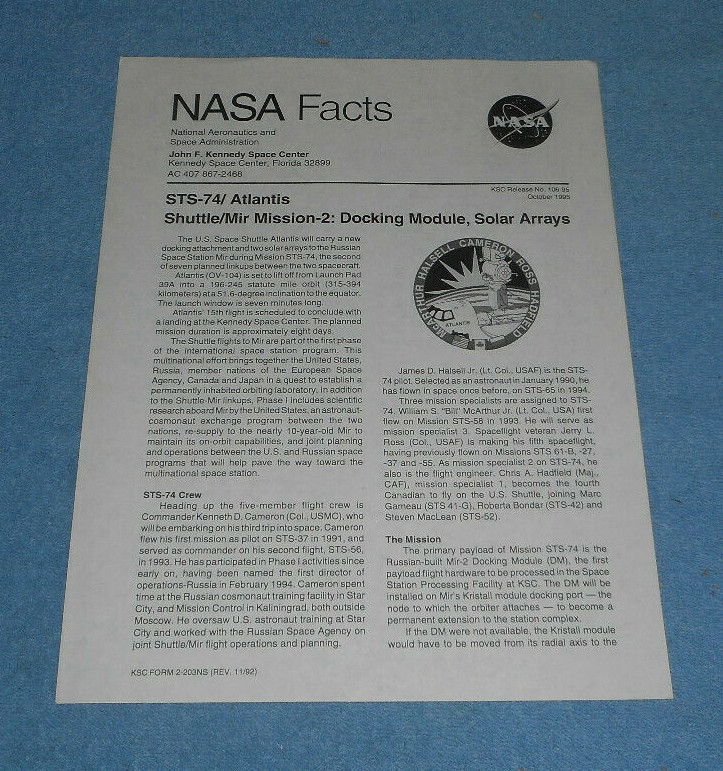 1995 NASA Facts STS-74 Space Shuttle Atlantis Mission Shuttle-Mir Program