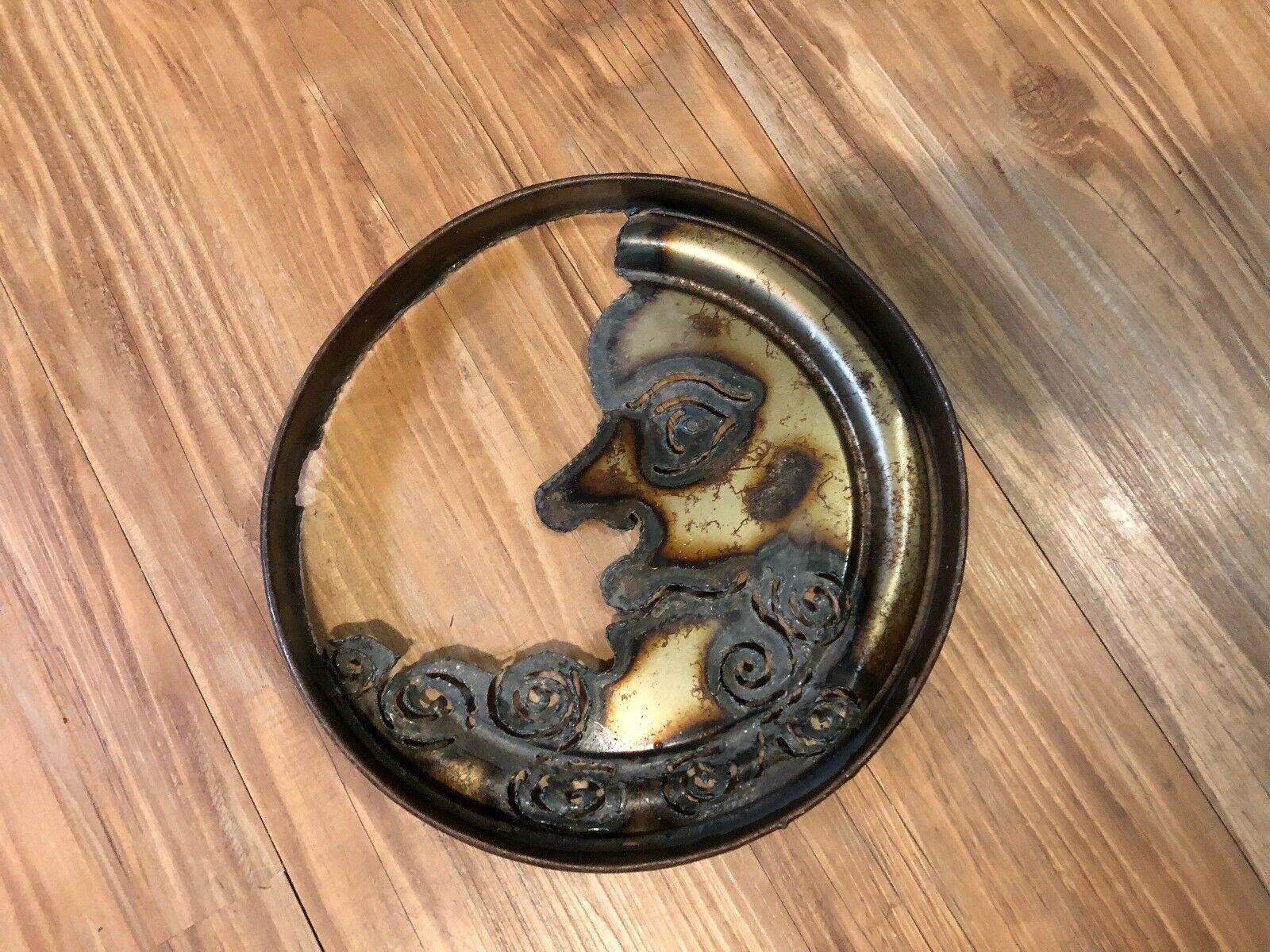 Vintage metal cut out Folk Art Man in the Moon Rusty Metal Lid