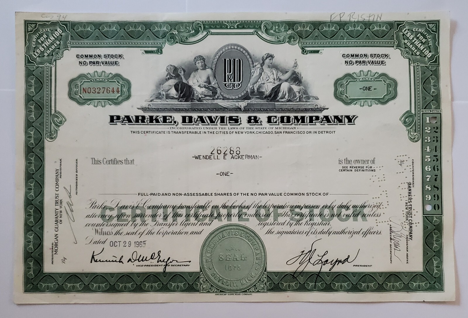 Vintage PARKE, DAVIS & CO Stock Certificate; 1965; 1 Share; FREE Shipping!