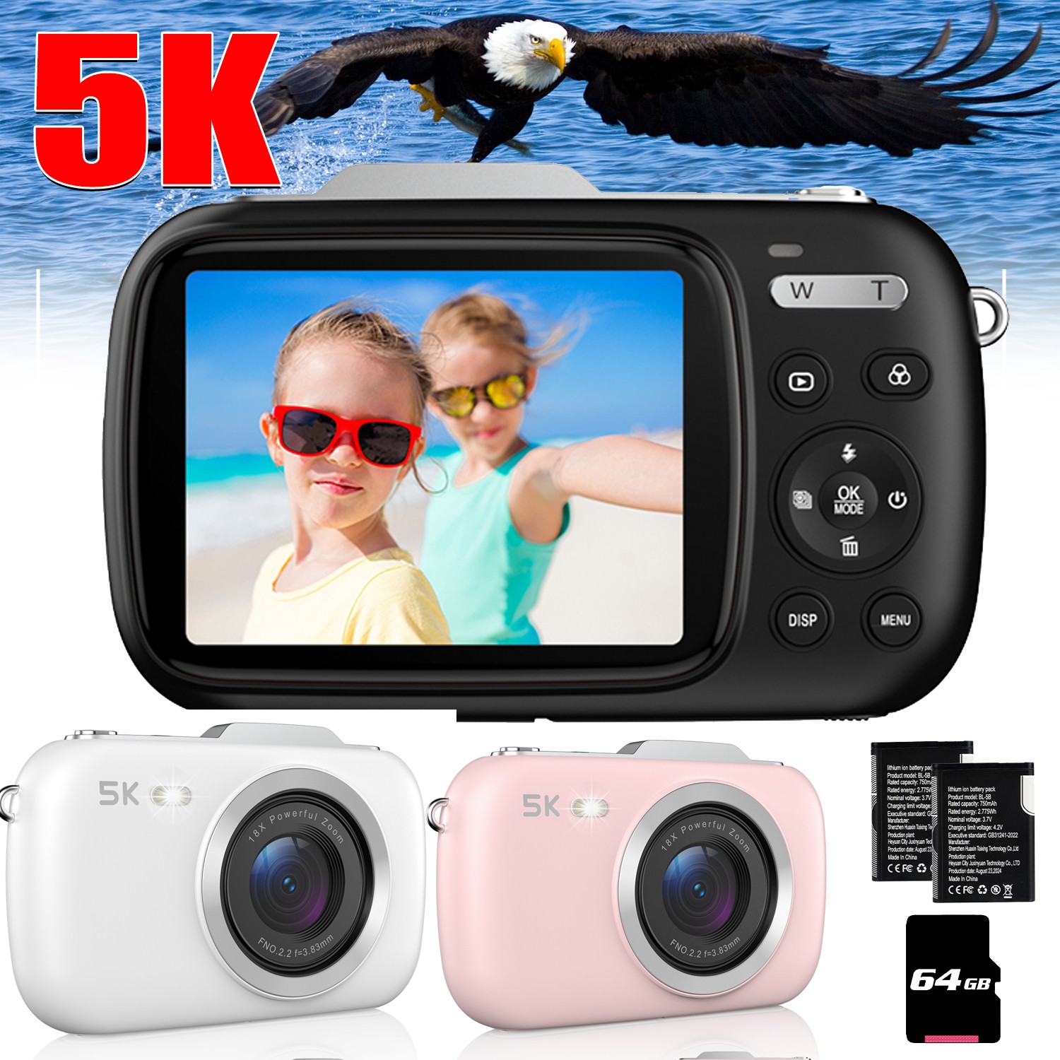 Digital Point & Shoot Camera 80MP 5K UHD 18X Zoom Compact Design with 64GB Card