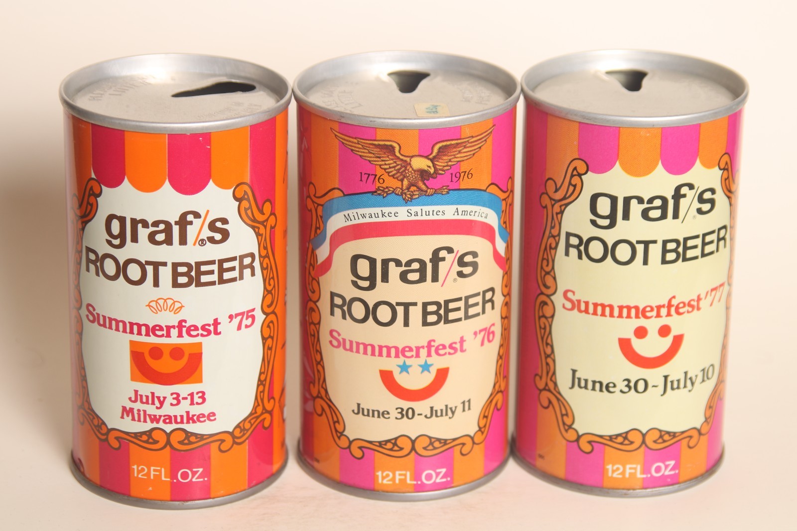 Graf/s Draft Style Root Beer soda cans - Summerfest Cans 1975, 1976 & 1977