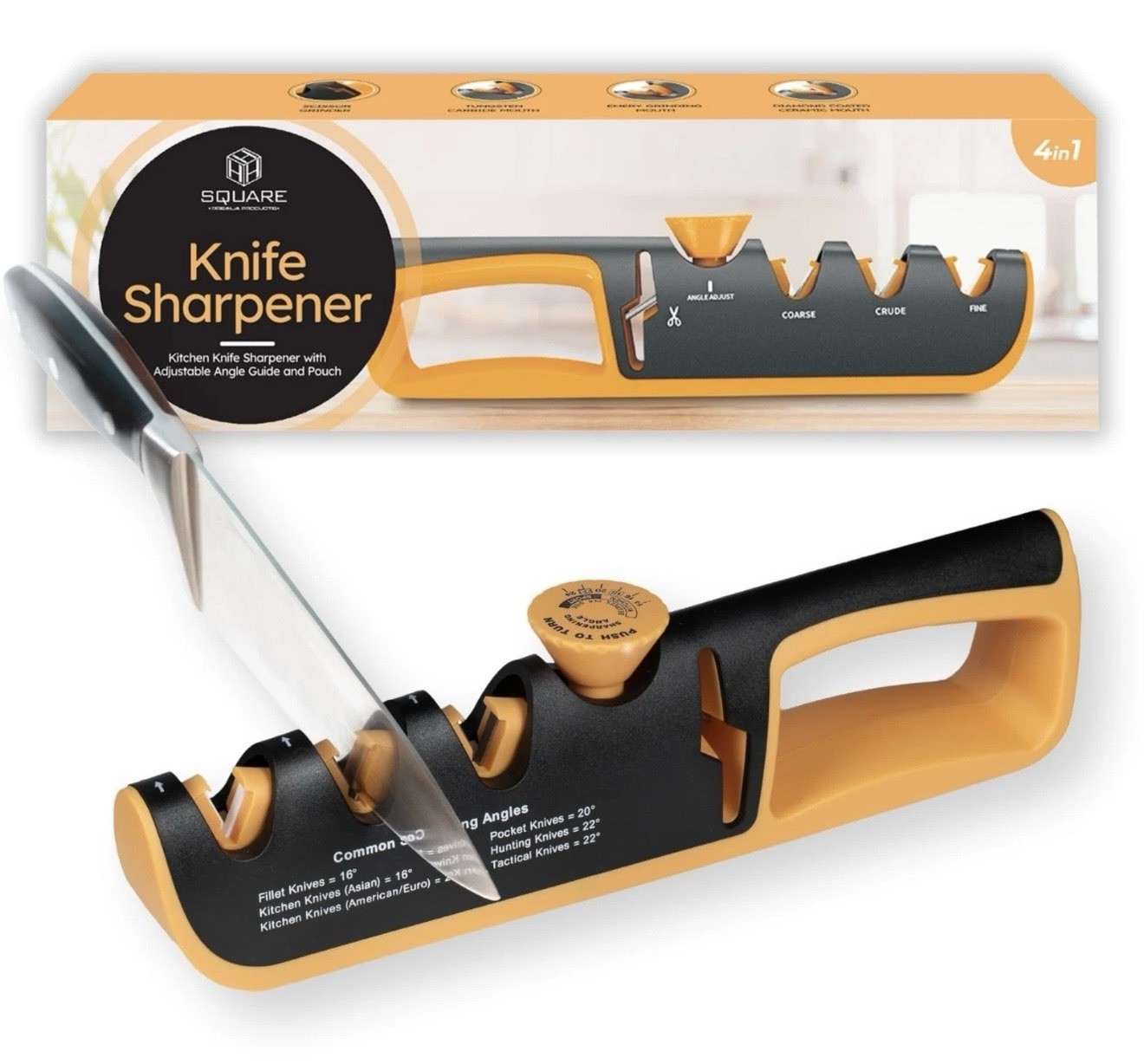Knife Sharpener for Kitchen ; 4-in-1 Manual Sharpener, Adjustable Angle Guide