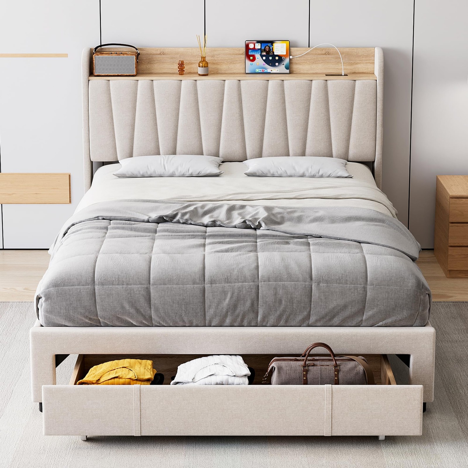 Queen Size Bed Frame ,Upholstered Platform Bed Frame w/Drawers ,Charging Station