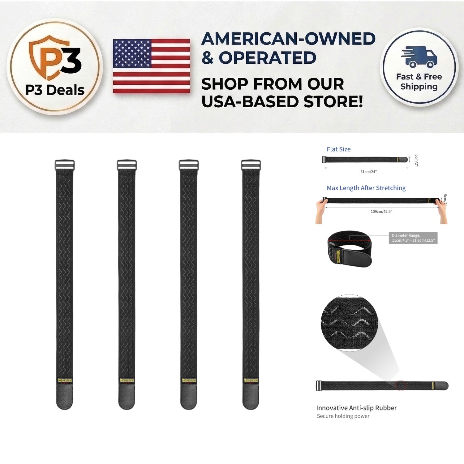 Anti-Slip Elastic Cinch Straps 4 Pack - 24" x 2" for Organizing Luggage & Gear