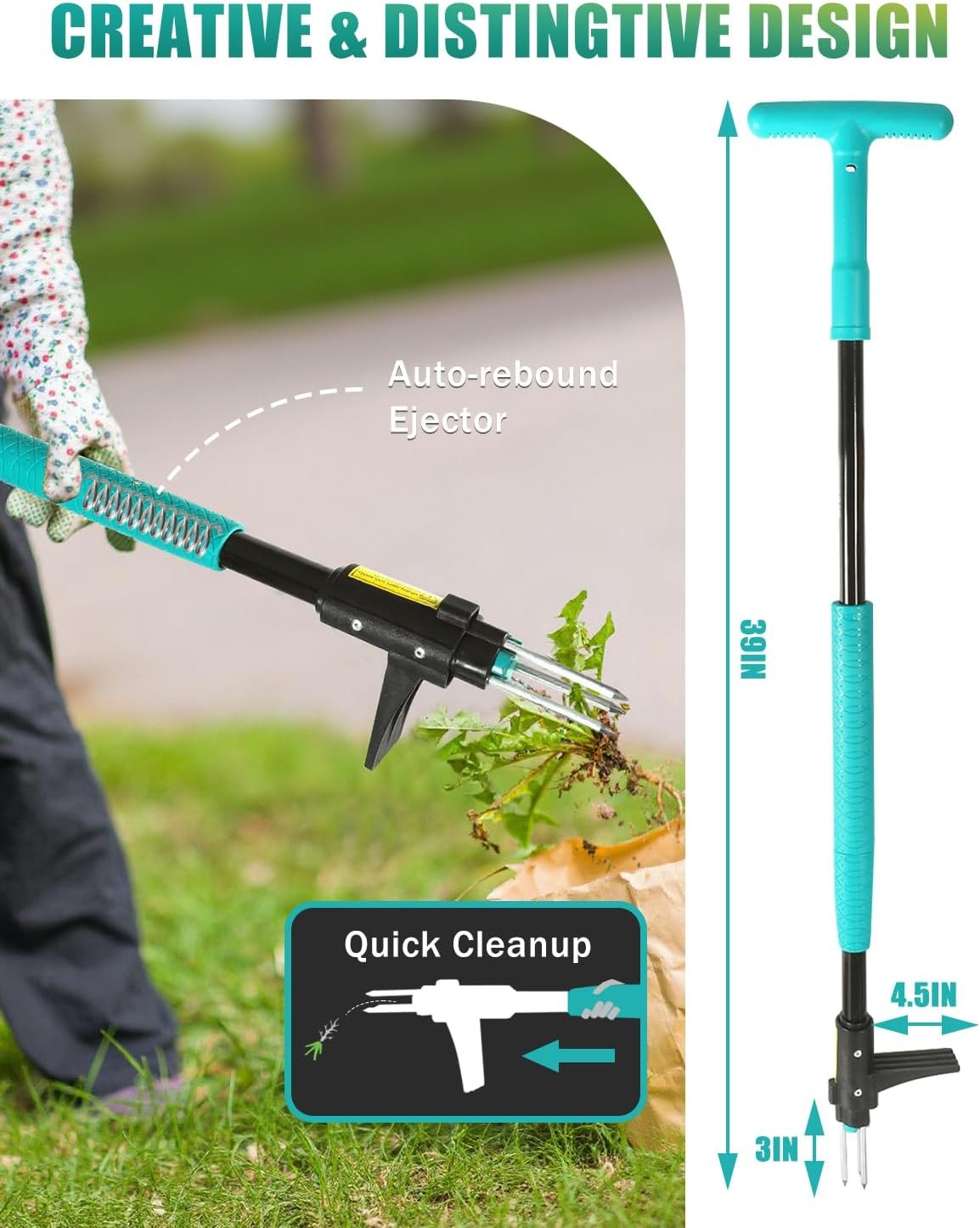 Breeze Touch 39" Weed Pulling Tool, 3-Claw T-shaped Handle, Common Teal