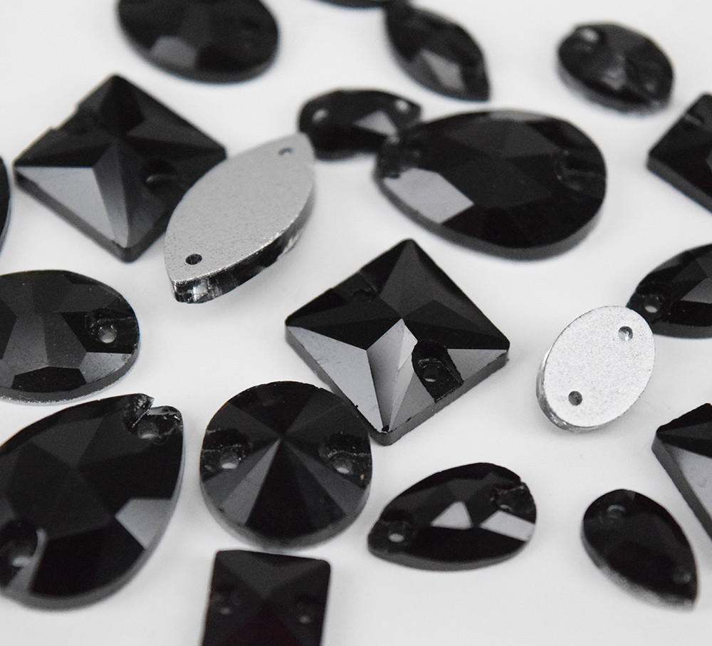 Mixed Shapes Sizes Black Sew On Rhinestones Flatback Crystal Glass 2 Holes