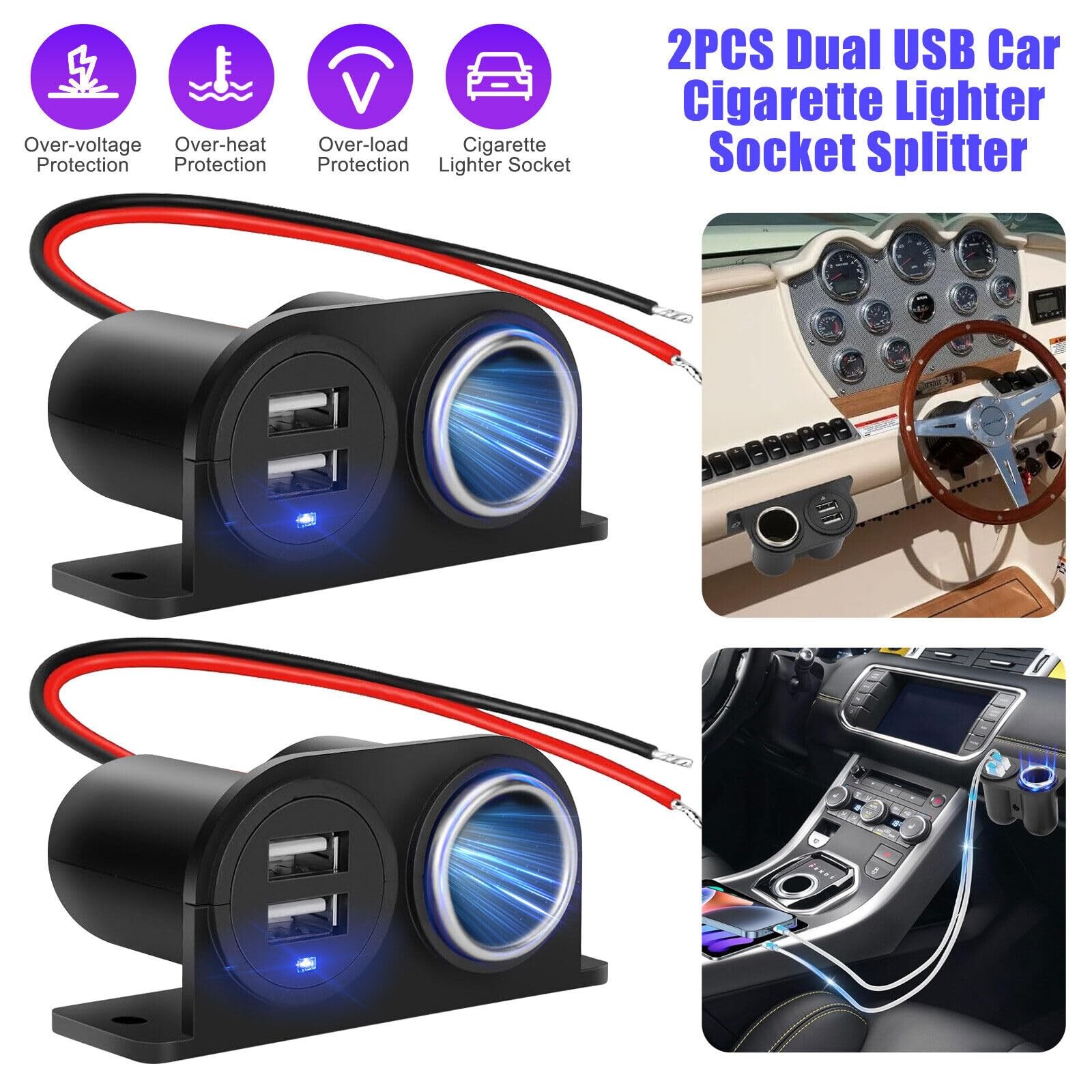 1PCS Dual USB Outlet Cigarette Lighter Socket Splitter with Blade Fuse,