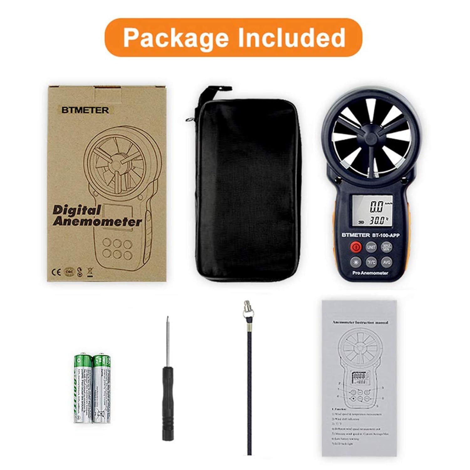 BT-100APP Anemometer w/Wireless Bluetooth, Digital Handheld Wind Speed Meter ...