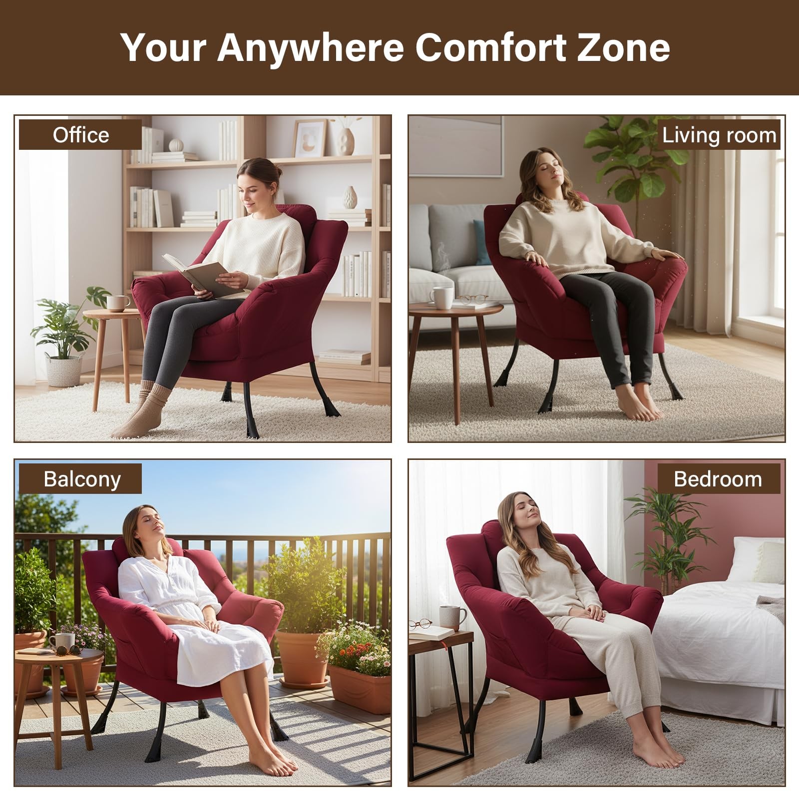 Welnow Modern Lounge Accent Chair, Burgundy Upholstered, Armrest, Side Pocket