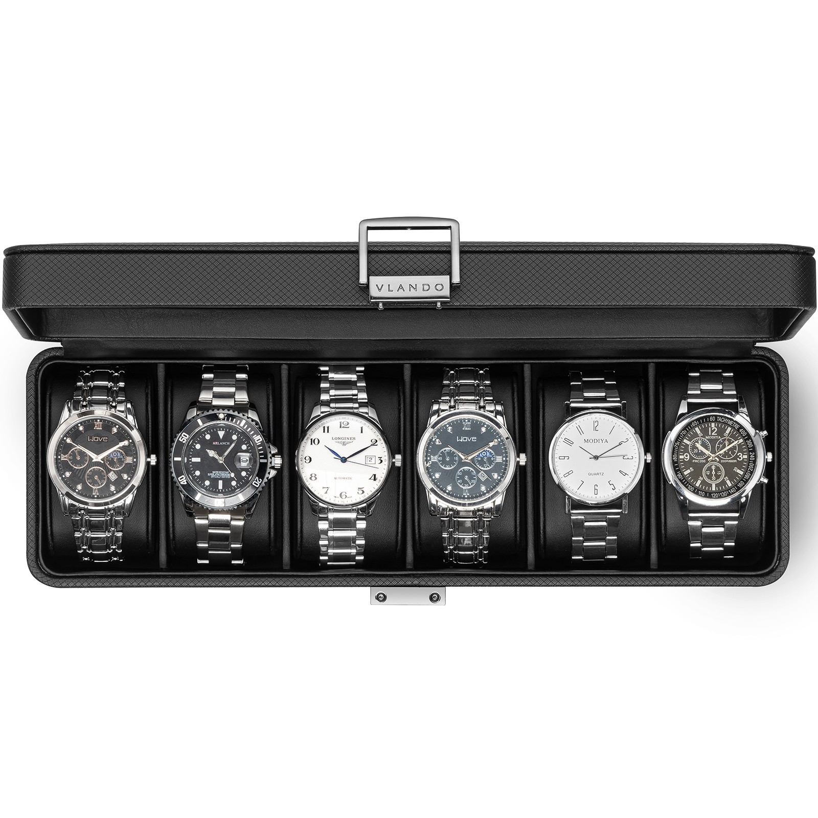 VLANDO Men's Watch Box 6 Slot Lockable Glass Lid Father's Day Gift for Dad Black