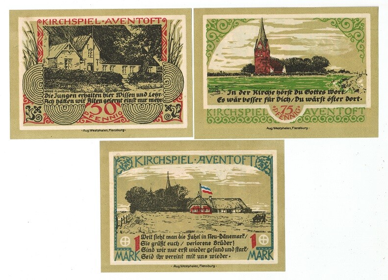 SET OF 3 GERMANY NOTGELD 50.75 PFENNIG 1 MARK 1921 KIRCHSPIEL UNC