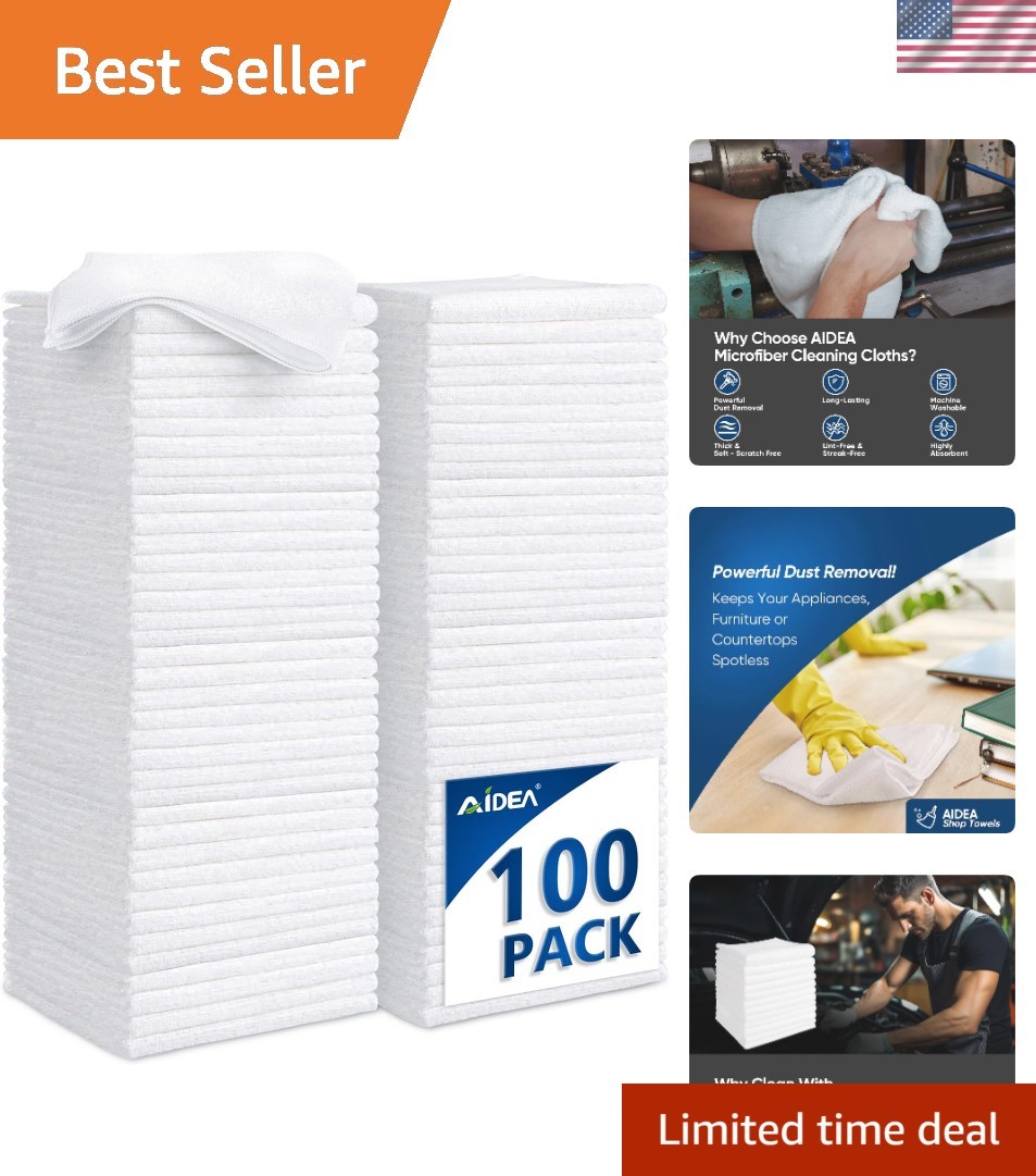 Microfiber Cleaning Cloth White-100PK, Absorbent Cleaning Rags, Commercial Shop