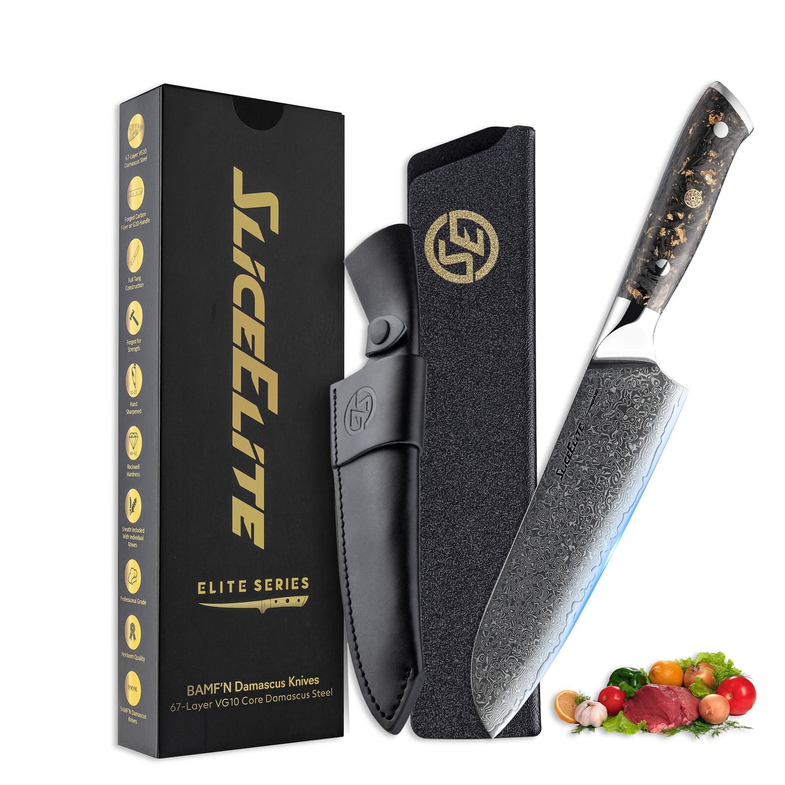 SliceElite 7 Inch Santoku Knife VG10 Damascus Steel Carbon Fiber Handle Sharp