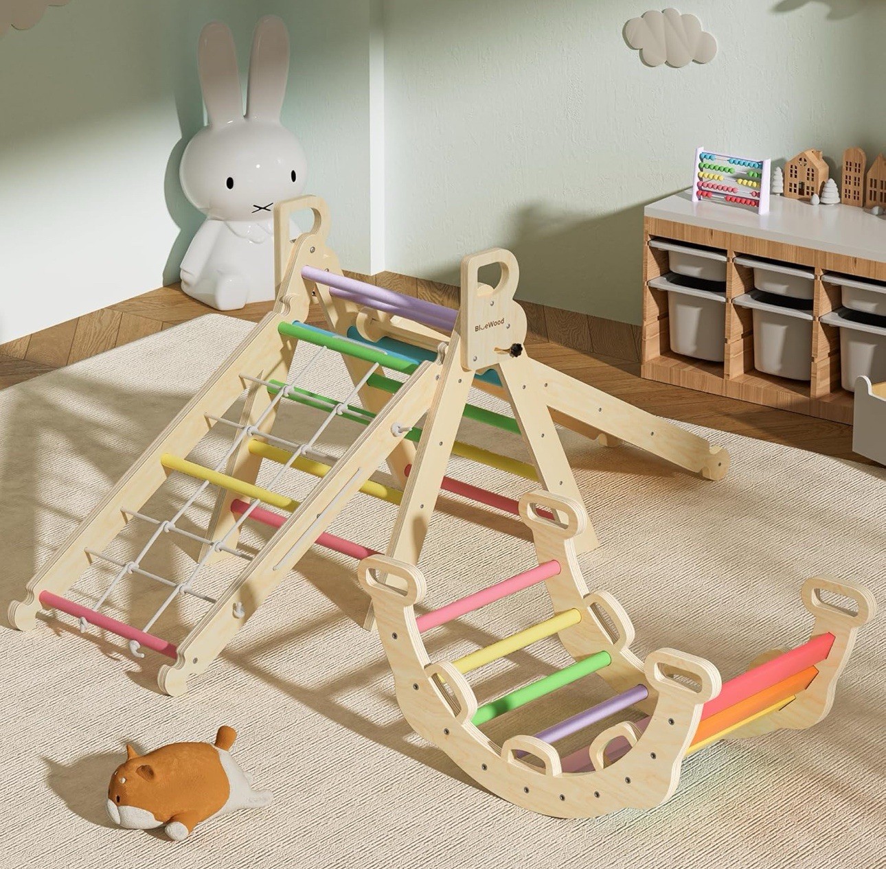 BlueWood 2024 8-in-1 Pikler Triangle Climbing Set Toddler Toys Indoor, Rainbow
