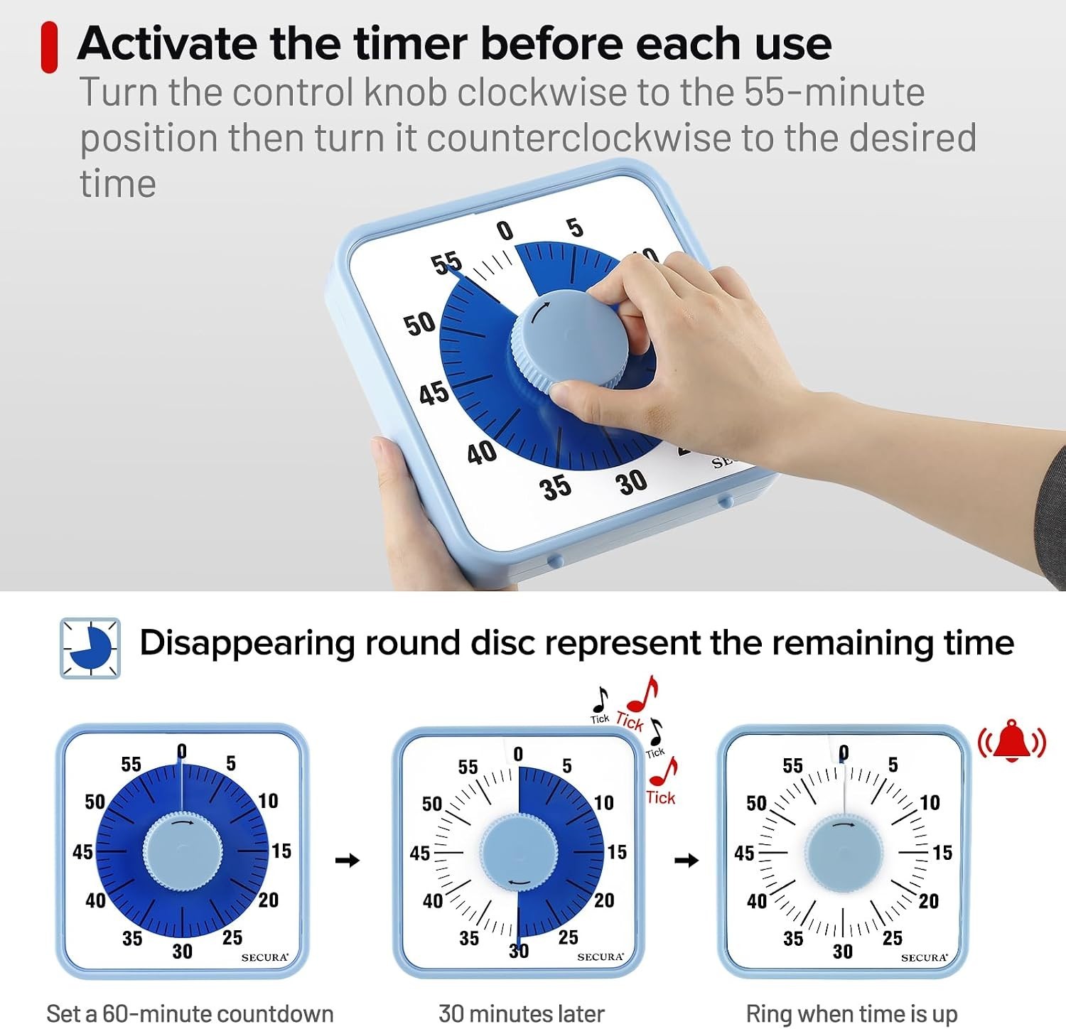 Magnetic Backing Mechanical Timer - 60-Minute Visual Countdown for Kids & Adults