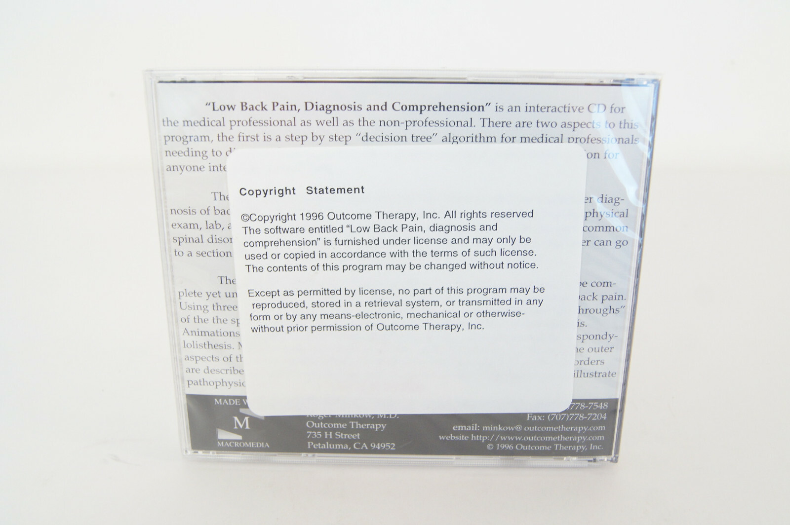 Low Back Pain Diagnosis Comprehension 1.0 Roger Minkow PC Computer Software 1996