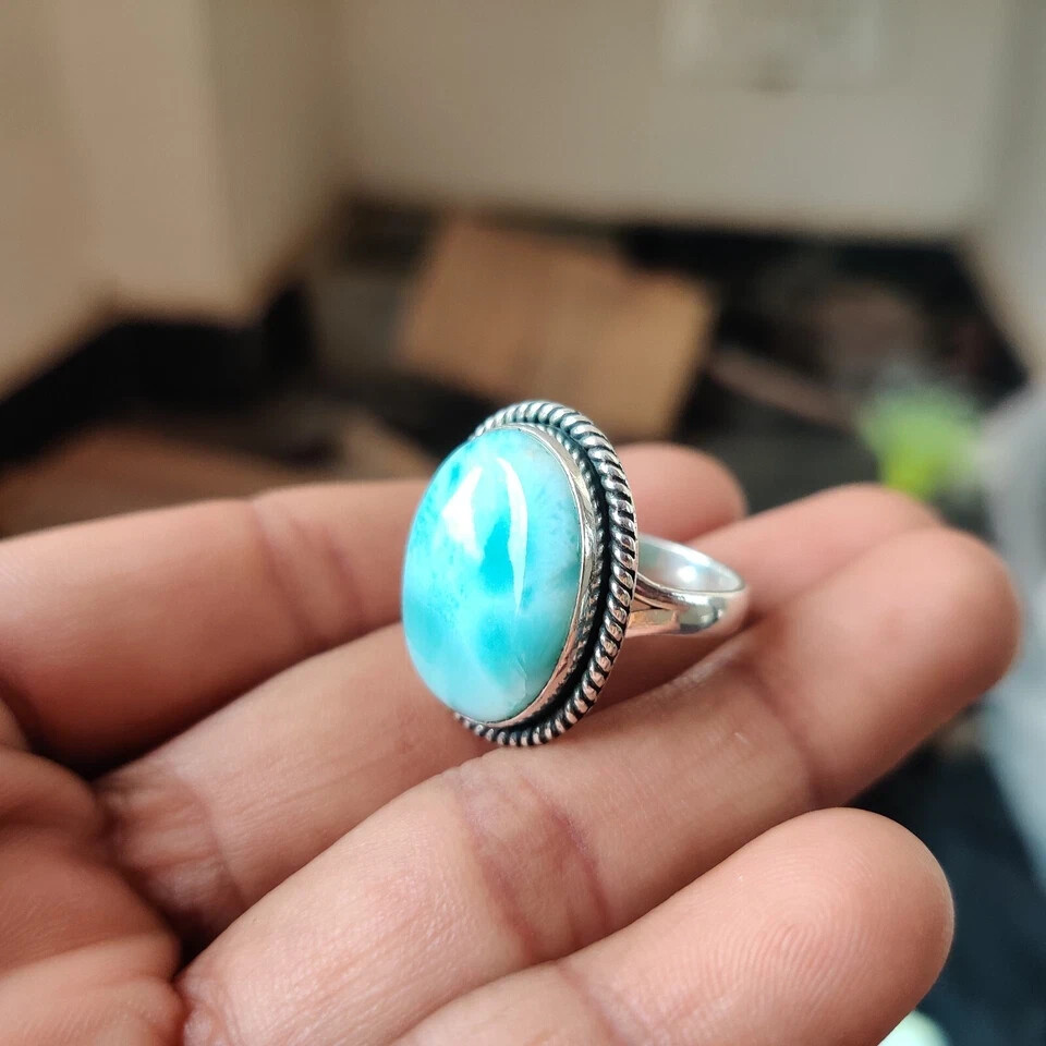Larimar Gemstone Ring 925 Sterling Silver Pretty Ring Designer Ring All Size MK*