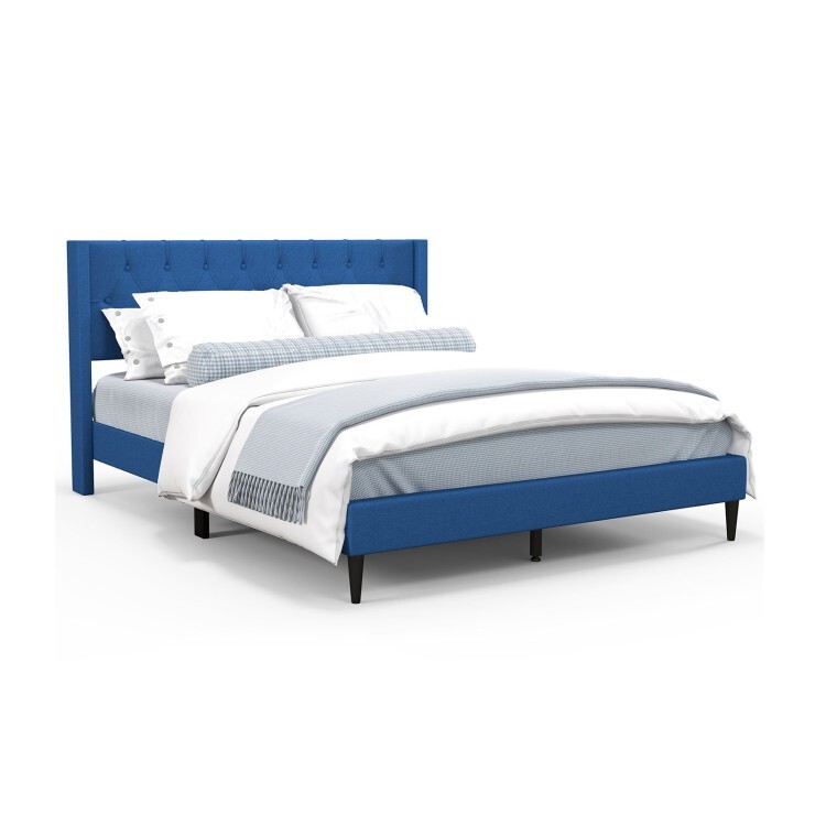Queen Size Platform Bed Frame Upholstered With Button Tufted Wingback Headboard