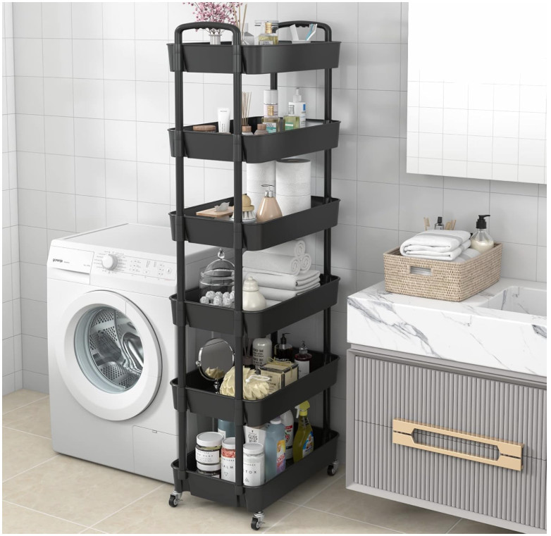 6-Tier Rolling Utility Cart with Handle, Storage Organizer on Wheels, Black