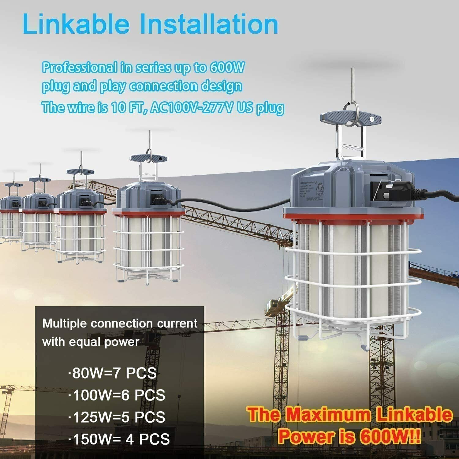 100W LED Construction Linkable Temporary Work Light Portable Jobsite Light 5000K