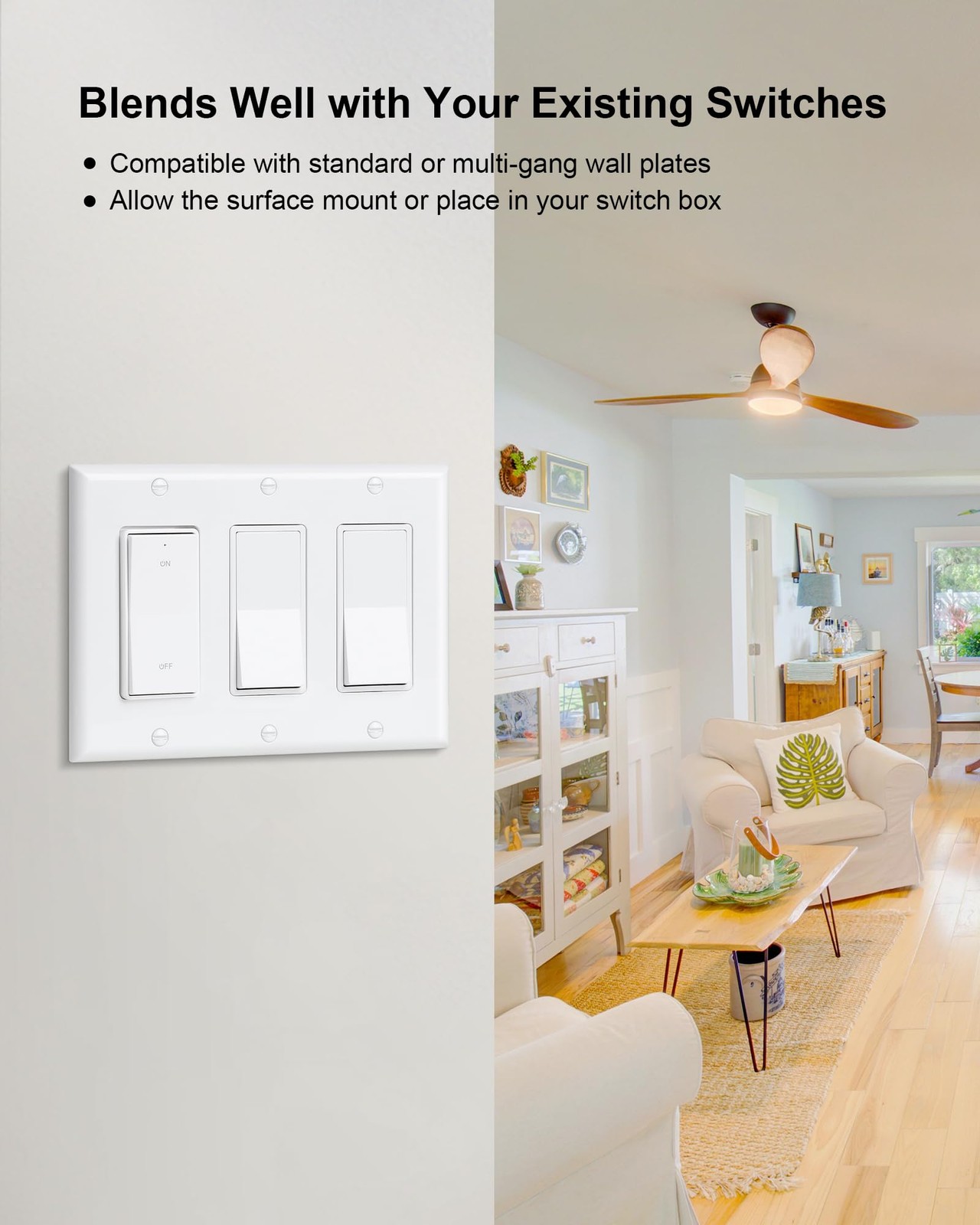 Wireless Light Switch and Receiver Kit, Decorator Rocker Wall Switch, 15A Hig...